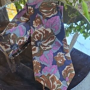 Royal Knght Silk Tie With Slate Navy Blue Mauve Pink Tan And Brown Floral Print